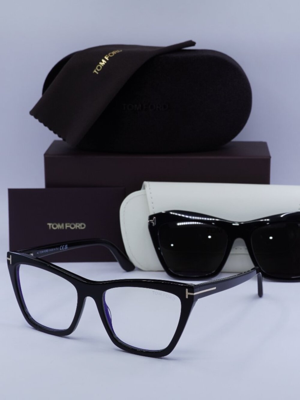 Tom Ford FT5971-B 001 Cat Eye Eyeglasses 54mm - Shiny Black / Clip-On Smoke